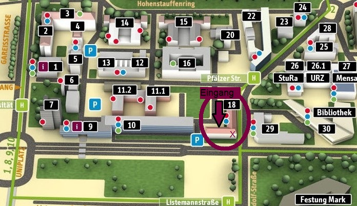 Bild zeigt Lage des Gebäude 18 auf dem Universitätscampus. In Gebäude 18 befindet sich der Beratungsraum der Hängematte. Gebäude 18 befindet sich an der Ecke Walter-Rathenau-Straße/Pfälzer Straße. Gebäude 18 befindet sich in der Nähe der Haltestellen "Universitätsbibliothek" (Linie 2) und "Universität". 